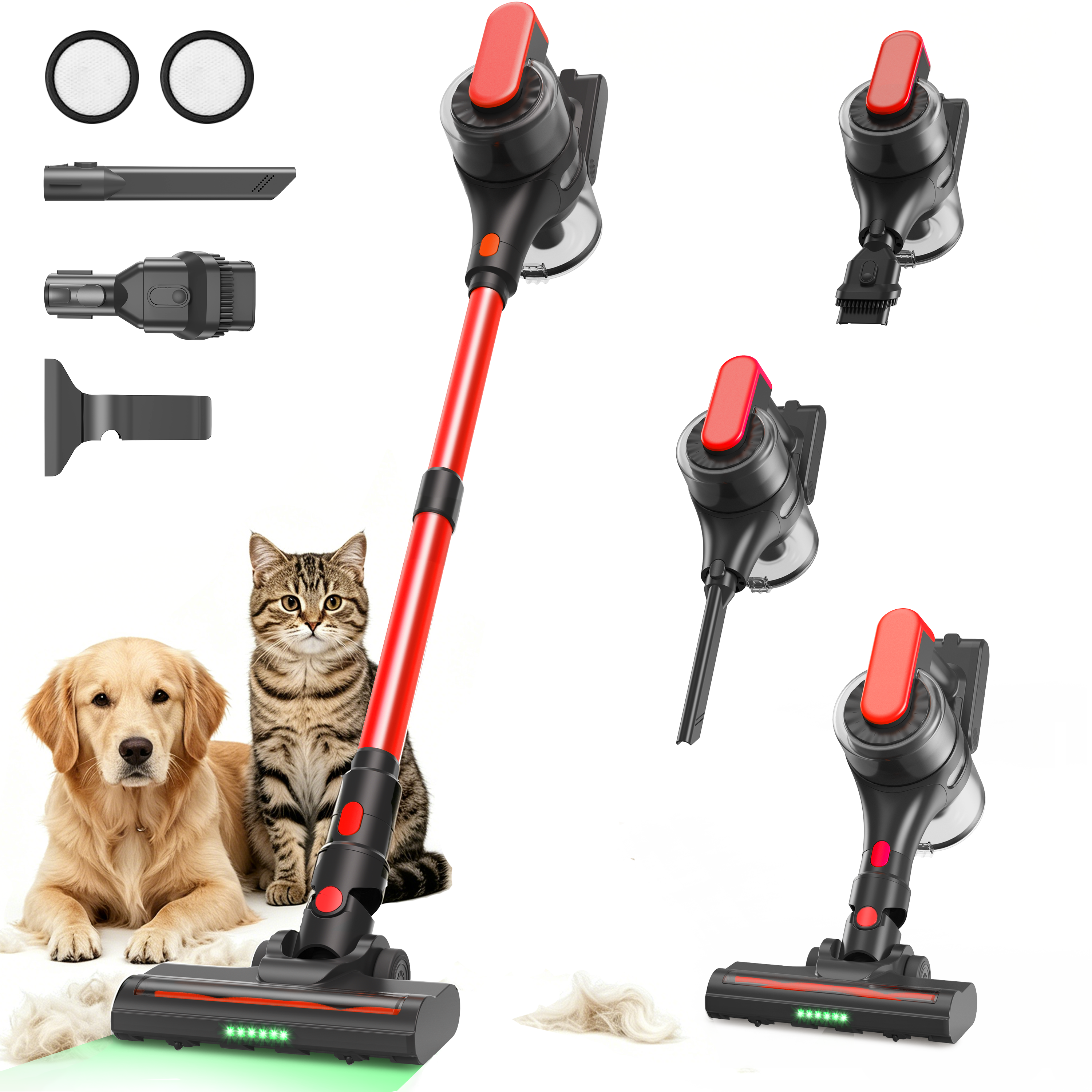 Maircle Cordless Stick Vacuum Cleaner, 36Kpa Strong Suction, 40-Min Runtime, Anti Tangle Headlight Floor Brush, Lightweight, for Pet Hair, ShoPile Carpet, Hard Floor, Home Use, Red