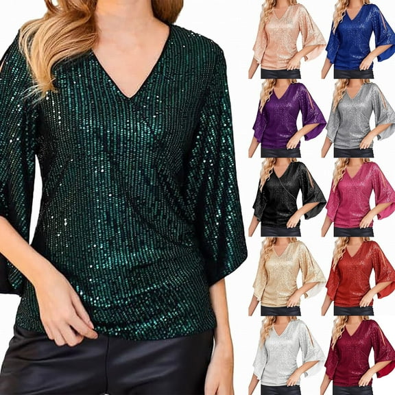 Womens Sequin Blouse 3/4 Sleeve V Neck Sparkling Evening Party Dressy Top
