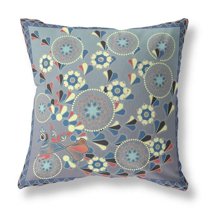 HomeRoots 18" x 18" Blue and Gray Peacock Blown Seam Floral Indoor Outdoor Throw Pillow