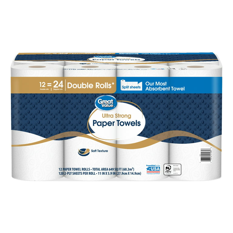 Great Value Everyday Strong Paper Towels, Split Sheets, 4 Double Rolls