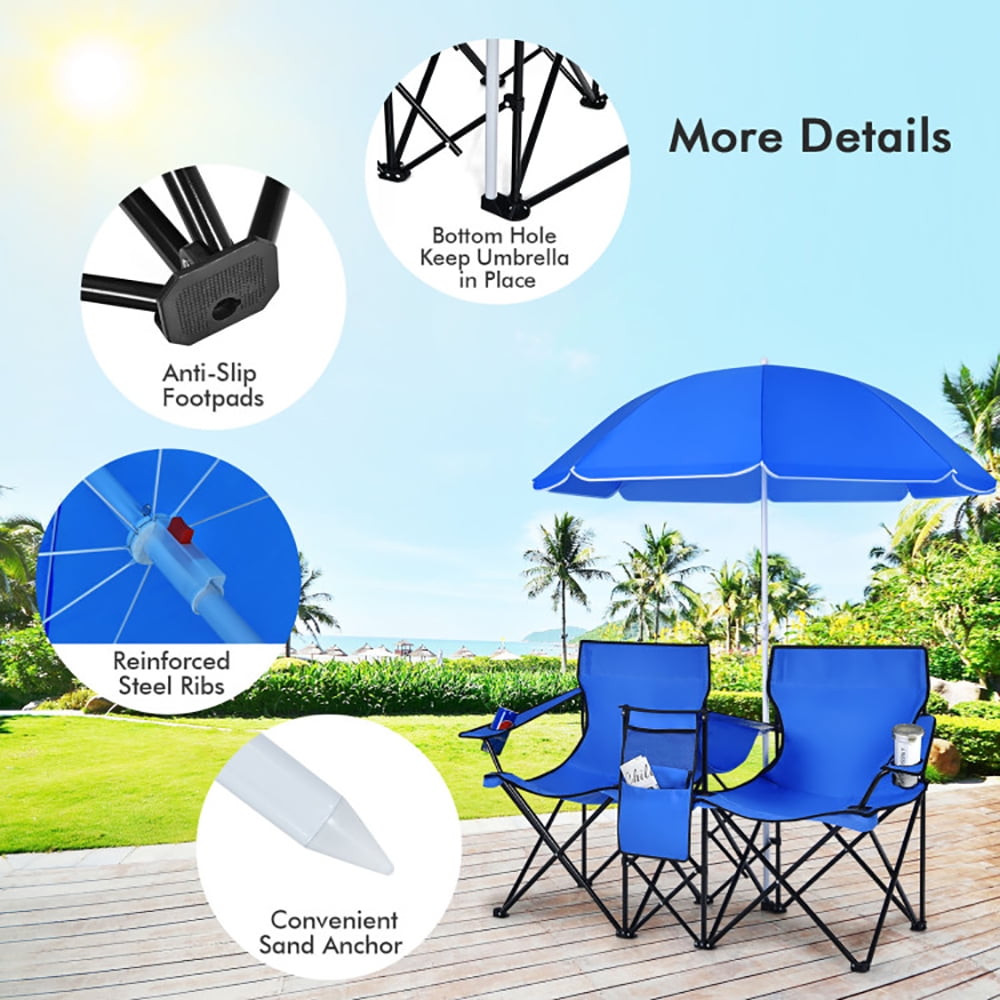 Aimee Lii Portable Folding Picnic Double Chair with Umbrella, Double Camping Chairs for Adults, Blue Aimee Lii Portable Folding Picnic Double Chair with Umbrella, Double Camping Chairs for Adults, Blue