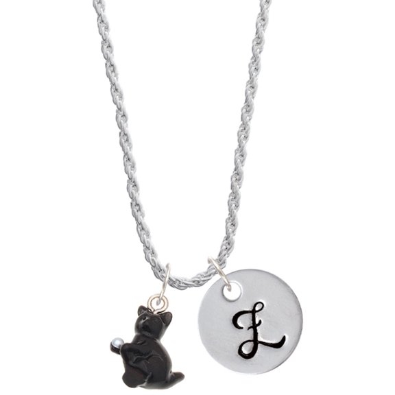 Delight Jewelry Resin Black Playing Cat Silvertone Script Initial Disc - Z - Charm Necklace, 20"+3"