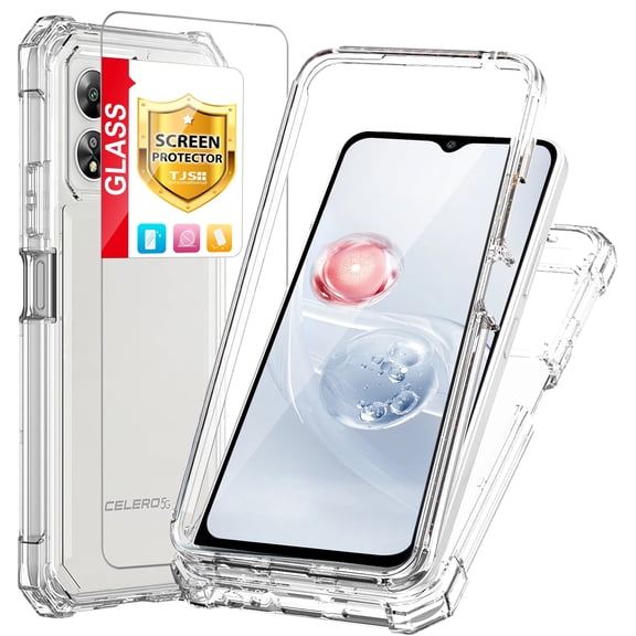 TJS for Boost Mobile Celero5G SC Phone Case, with Screen Protector, Full Body Protective Heavy Duty Hybrid Bumper Cover for Celero 5G SC (Clear)