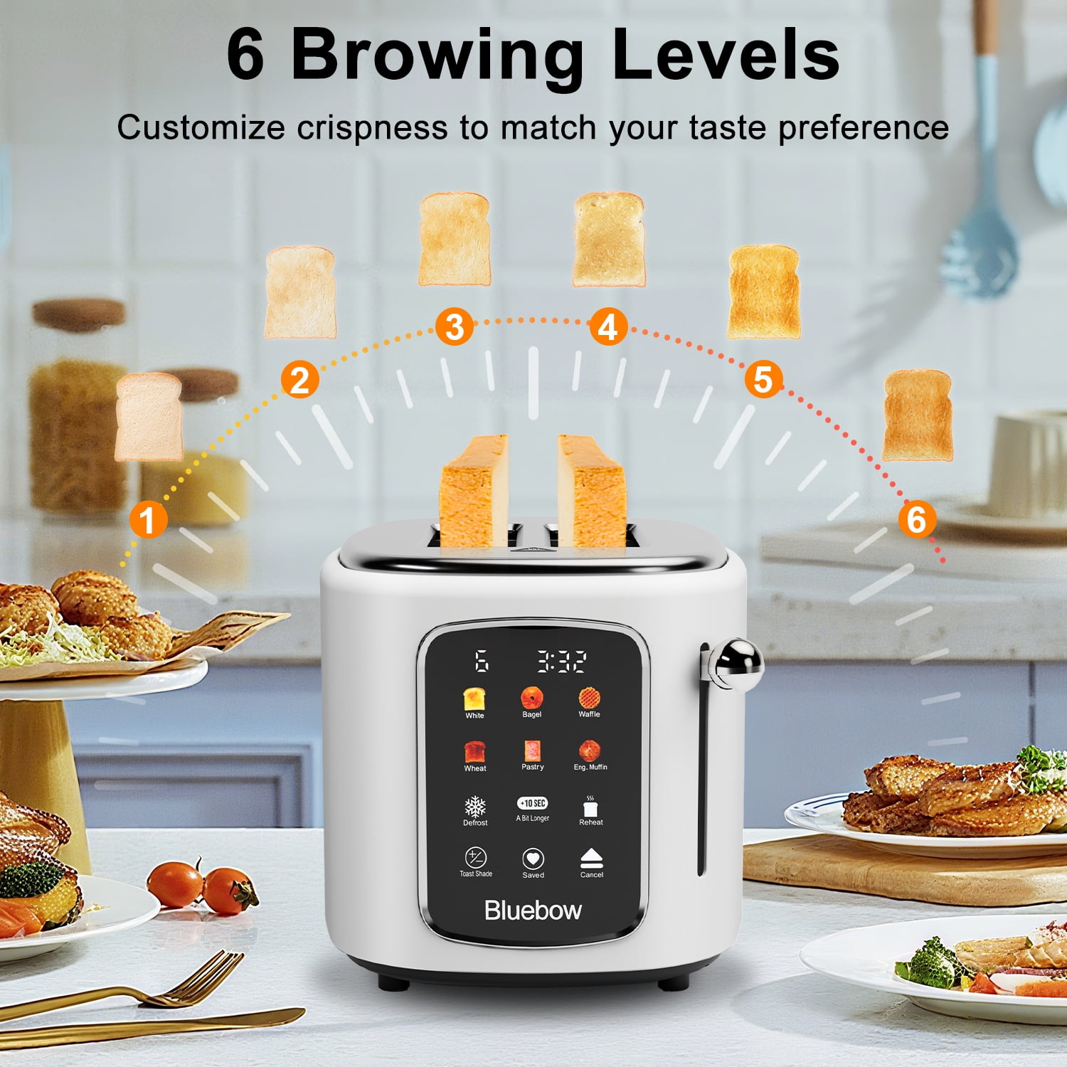 Bluebow 2-Slice Toaster, 1.5" Wide Slots, Touchscreen with 6 Bread Types & Shade Settings, Reheat, Defrost, Saved, Removable Tray, White