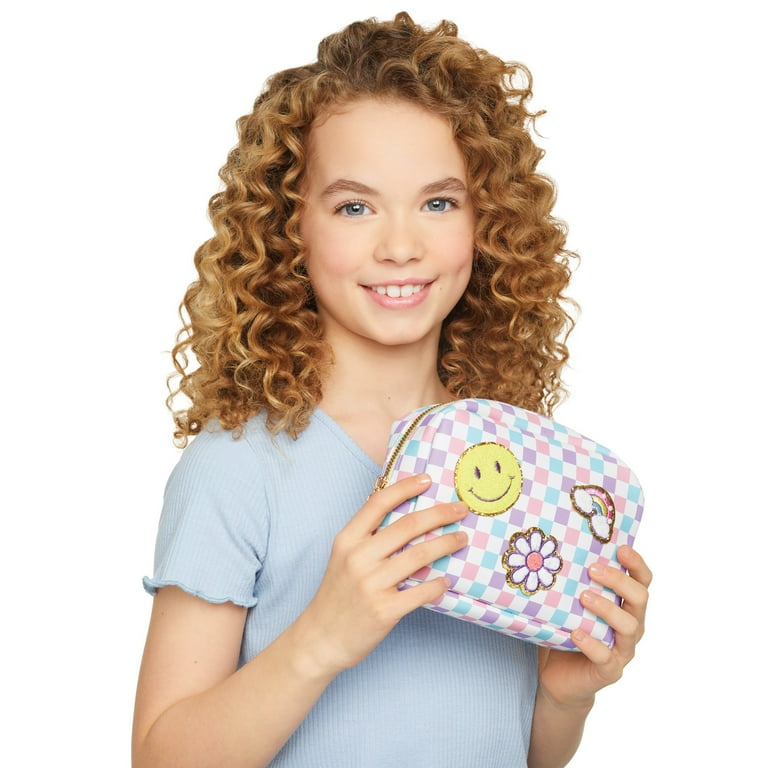 Make It Real Fashion Pouch With Patches 9pcs Checkered Pink Blue Purple DIY Customize Your Pouch Fully Lined Fashion Bag Tweens Girls Ages
