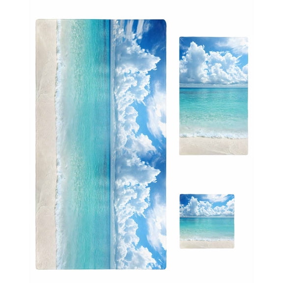 Ocean Blue Towel Set of 3, Soft Microfiber Bath Towels, Hand Towel, Washcloths, Beach Nature Coast Sea Shore Sky Seawater Quick-Dry Absorbent Towels for Bathroom Kitchen Hotel Beach Gym Spa