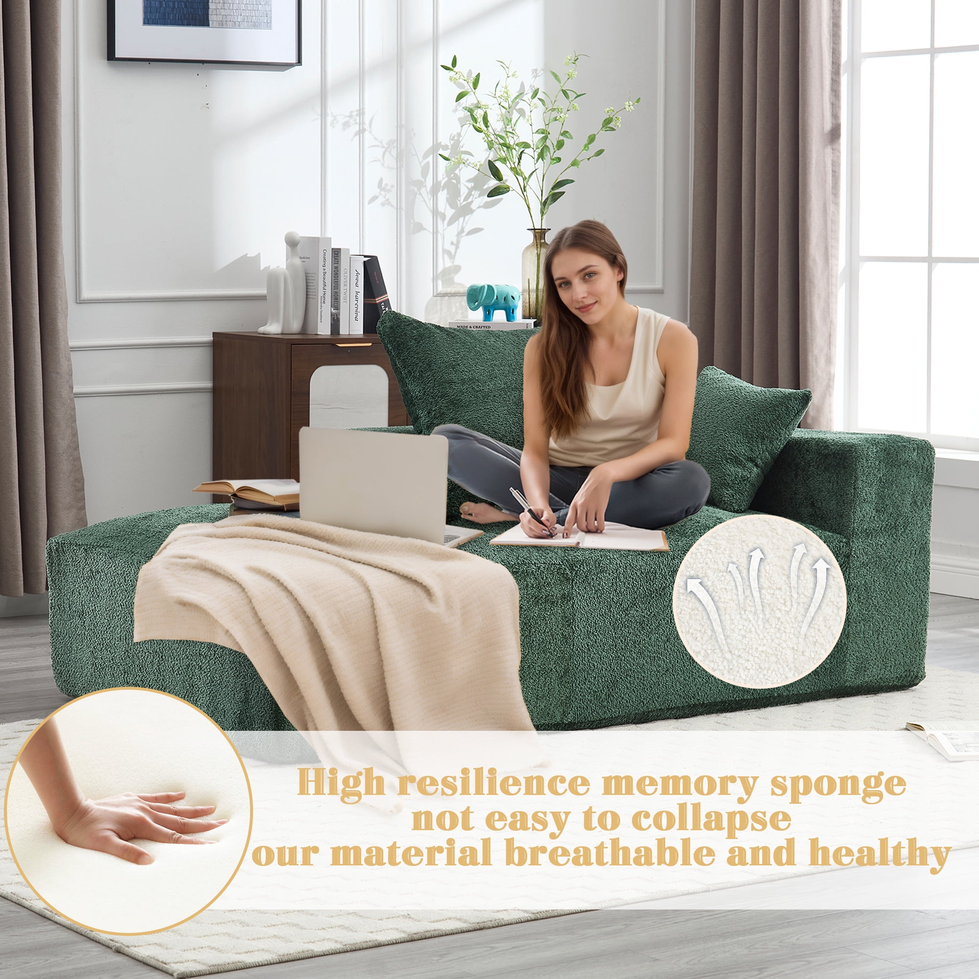 MOONMISS Boucle Upholstered Free Combination of Flexible 2-Seater Lazy Leisure Sofa with 2 Pillows-Emerald