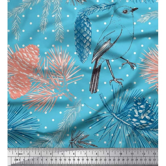 Soimoi Blue Japan Crepe Satin Fabric Dot,& American Robin Bird Printed Fabric 1 Yard 42 Inch Wide