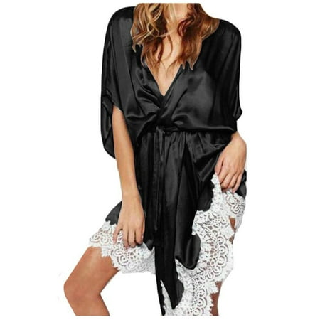 Mrat Women Sleepwear Lace Silk Satin Robe for Women Satin Pajamas Ladies Lingerie Underwear Long Sleeve Pajama Sleepwear Robe With Belt Bathrobe Black 3XL