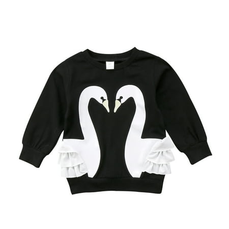 

Qtinghua Toddler Baby Girls Swan Printed Cotton Long Sleeve Lace T Shirt Sweatshirts Tops Kids Autumn Blouse Black 1-2 Years