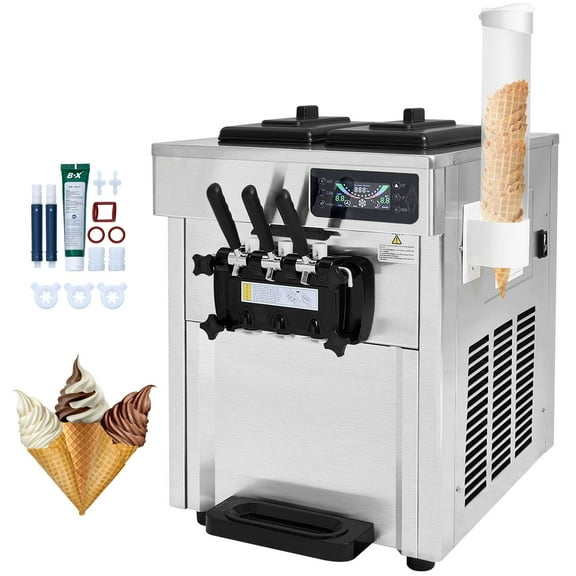 KFFKFF Commercial Soft Ice Cream Machine 18-28 L/H 5.5L*2 Cylinder 3-Flavor Serve Ice Cream Maker