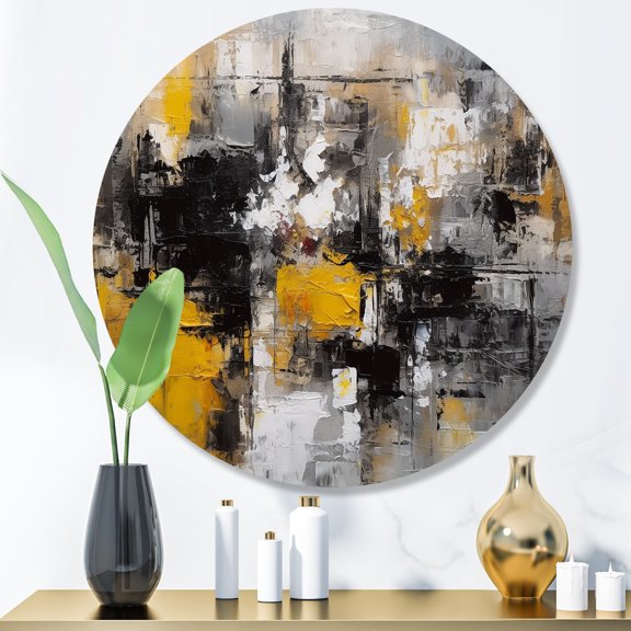 Designart "Captivating Liquid Ink in Yellow and Grey" Abstract Marble Metal Round Wall Decor