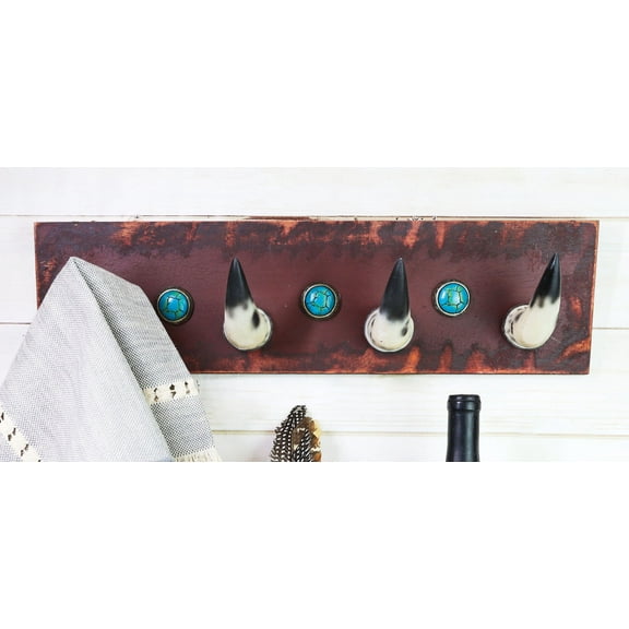 20"L Rustic Western Country Bull Cow Horns With Gems Wall Hooks Wooden Plaque