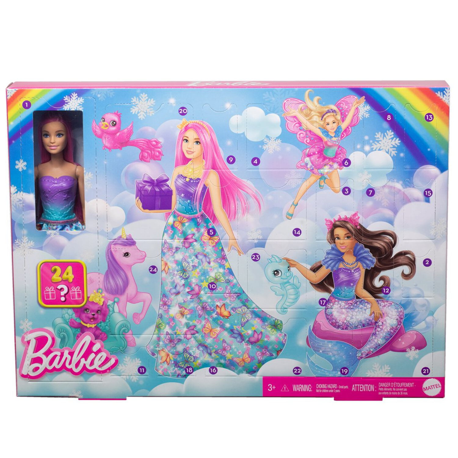 Barbie Advent Calendar with Doll & 24 Surprise Accessories Including Unicorn & 3 Pets, Transform Pink-Haired Fashion Doll into Mermaid, Fairy & More