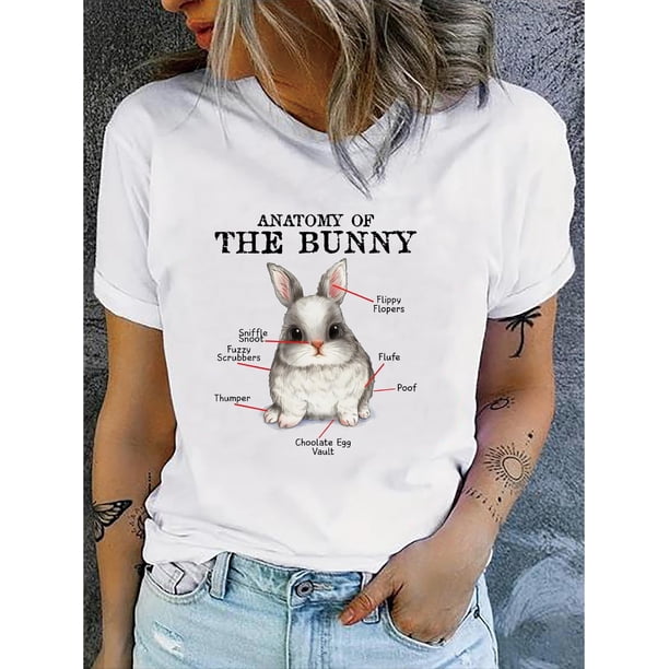 Bunny Print T-shirt, Short Sleeve Crew Neck Casual Top For Summer & Spring, Women's Clothing Tee For Adult, Men, Women, Teen, Teenager, Adolescent, Youth