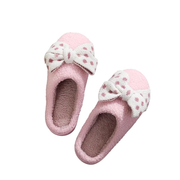 CHUMUD Women's Plush Slippers Dot Knit Bow Indoor Warm House Slippers Non Slip Cute Bedroom Shoes Holiday Gifts