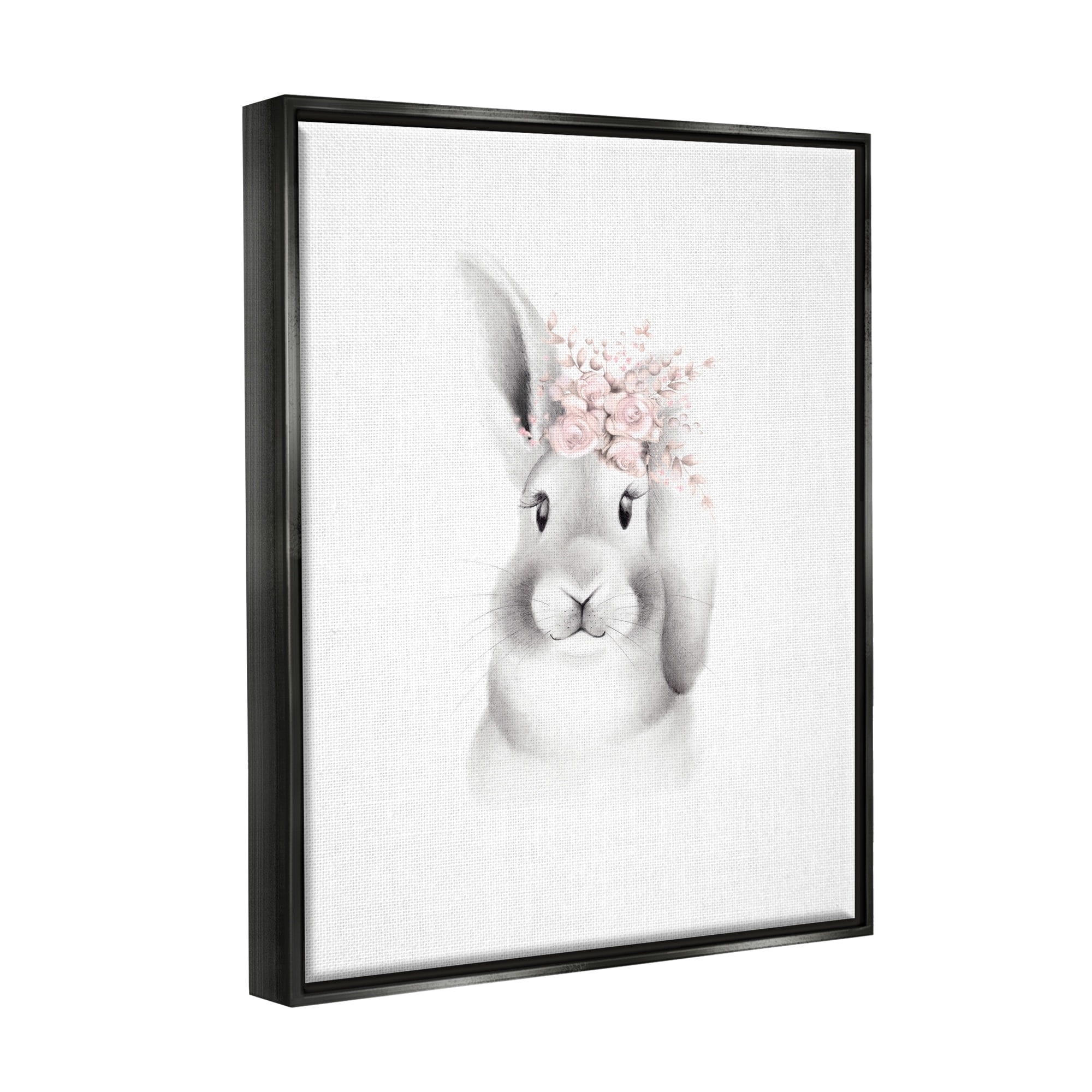 Stupell Industries Sketched Fluffy Bunny Flowers Jet Black Framed Floating Canvas Wall Art, 16x20, by Studio Q