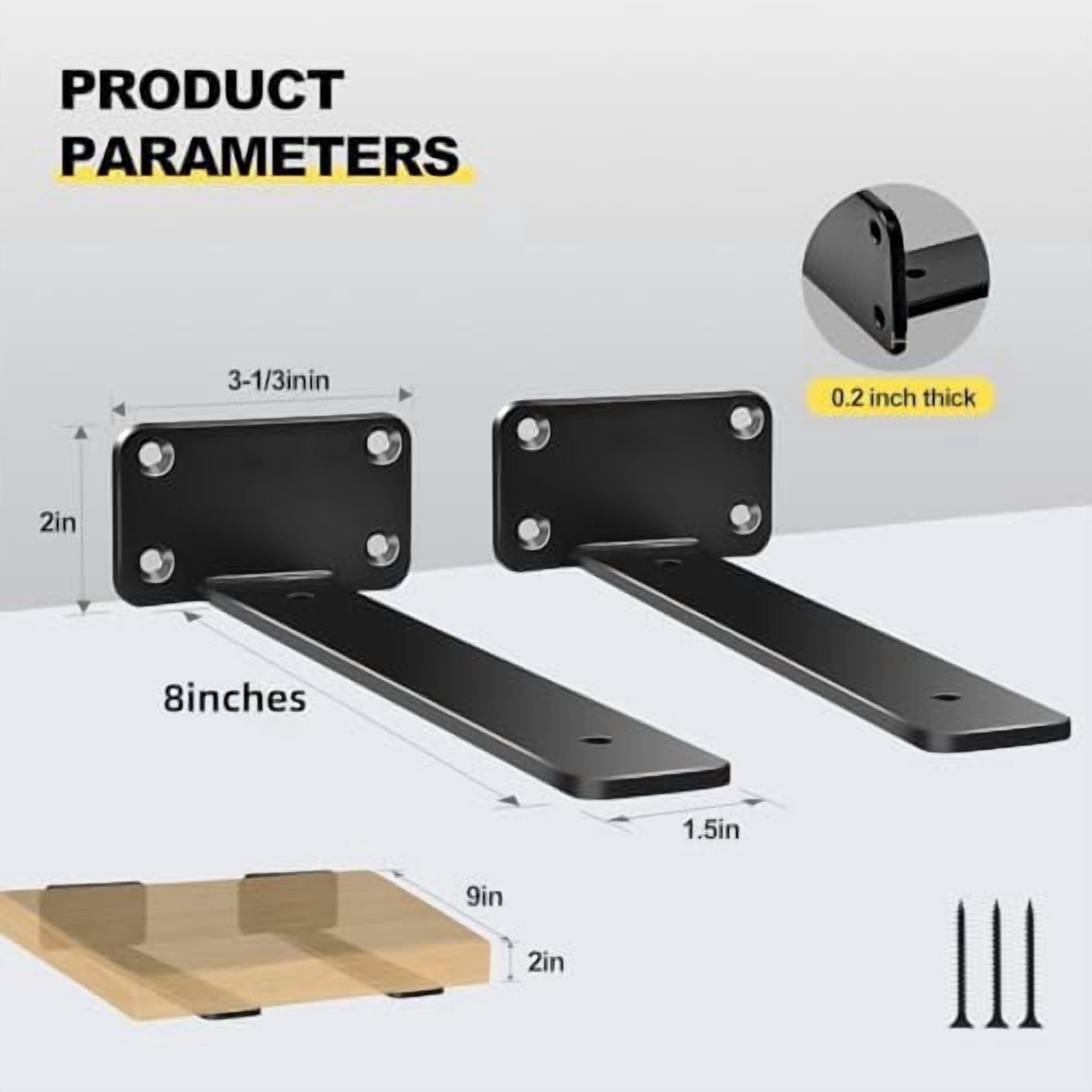 12 Pack - 8 inch Black Hidden L Shelf Bracket (1/5 Inch Thicked) Iron Floating Shelf Brackets Rustic Industrial Metal Brackets for Shelf Support