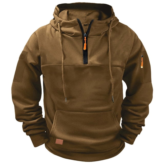 Ceisia Men's Fleece-Lined Half-Zip Hooded Sweatshirt with Multi-Pockets for Casual & Work Wear Brown M Gifts