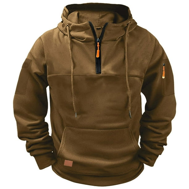 Ceisia Men's Fleece-Lined Half-Zip Hooded Sweatshirt with Multi-Pockets for Casual & Work Wear Brown XXXL Gifts