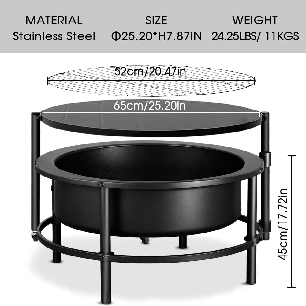 Large Wood Burning Fire Pit with 28" Rotating Wheeled Side Table, 3-In-1 Outdoor Metal Firepit with Screen Lid, Grill and Basting Brush for BBQ Patio Backyard Garden