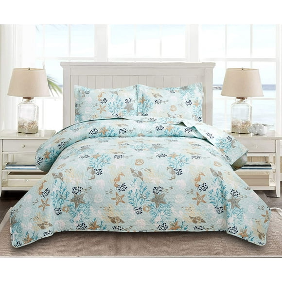 3-Piece Coastal Beach Bedspread Set Full/Queen Quilt Set Blue Ocean Theme Bedding Seashell Conch Seahorse Starfish Bed Covers Bedroom Decor,1 Quilt+ 2 Pillow Shams
