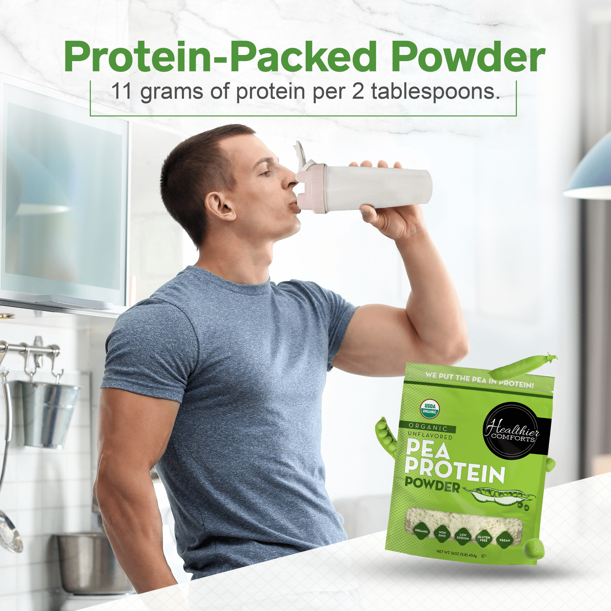 Healthier Comforts Organic Pea Protein Powder 16oz | Low Sodium, 100% Plant Based Protein Powder | Kosher, Gluten Free, Non-GMO, Keto Friendly | Unflavored Protein