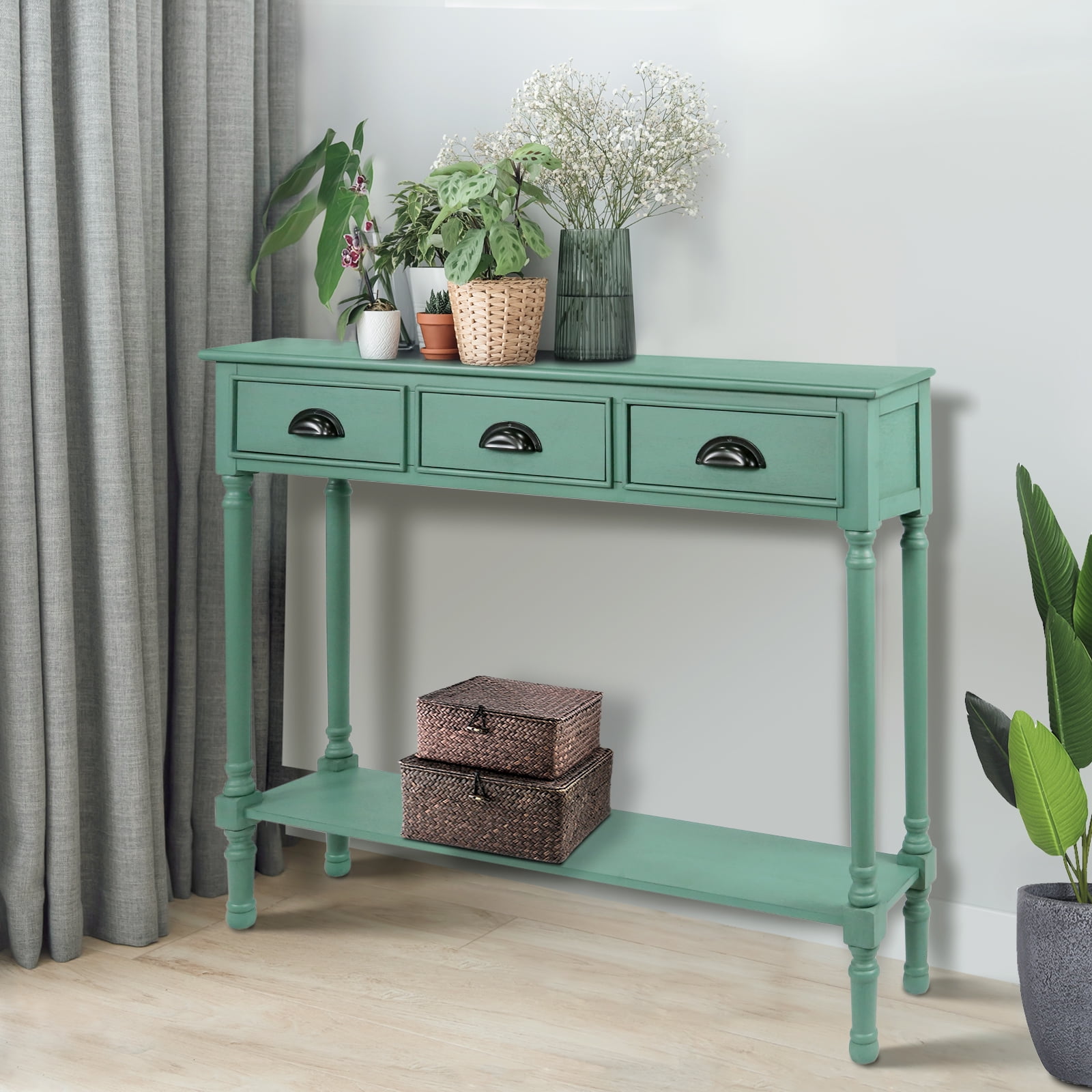 Urbanest Burlington Solid Wood Console Table with 3 Drawers Lower Shelf – Entryway Table, Hallway Sofa Table, Narrow Accent Table for Living Room – 39.5″ × 9.5″ × 32″ – Peacock Green Farmhouse Decor