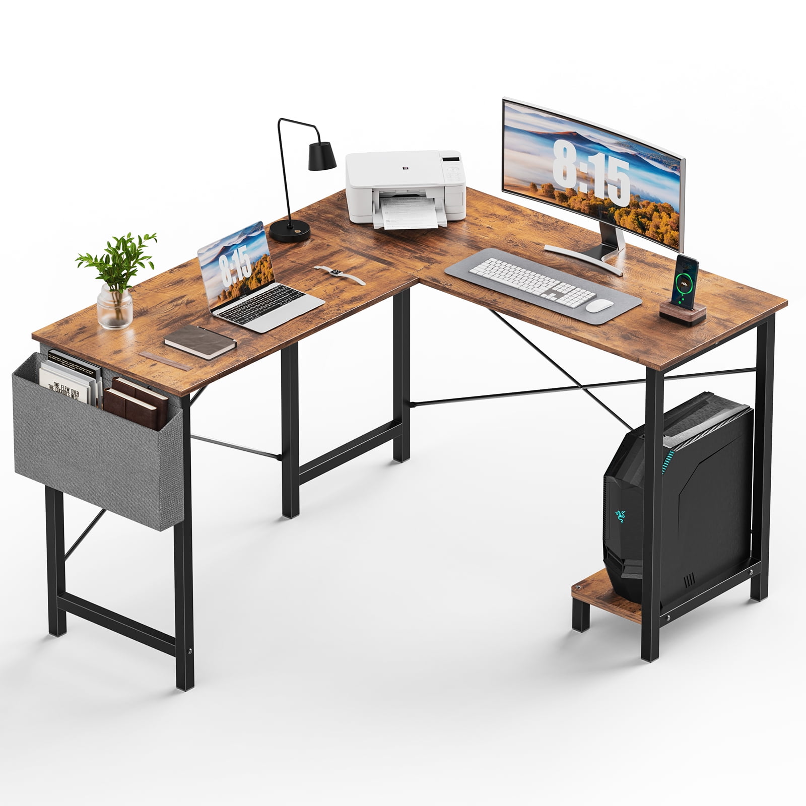 CONCETTA L-Shaped Gaming Desk with CPU Stand, Home Office Writing Table, Corner Workspace for Adults, Brown