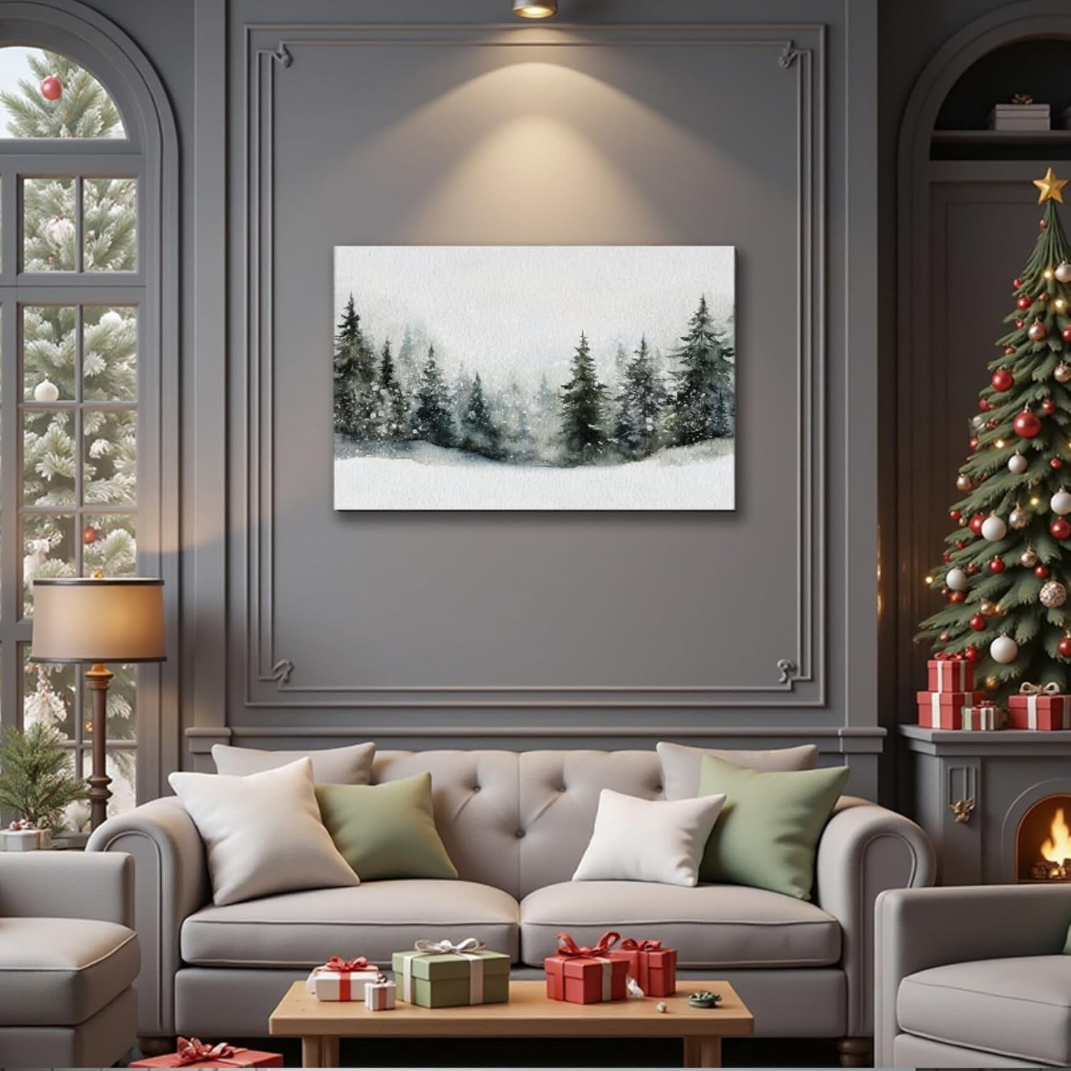 Framed Christmas Wall Art, Pine Tree Artwork Christmas Decoration Indoor, Rustic Landscape Snow Winter Forest Painting Canvas Print Wall Picture for Living Room Decor
