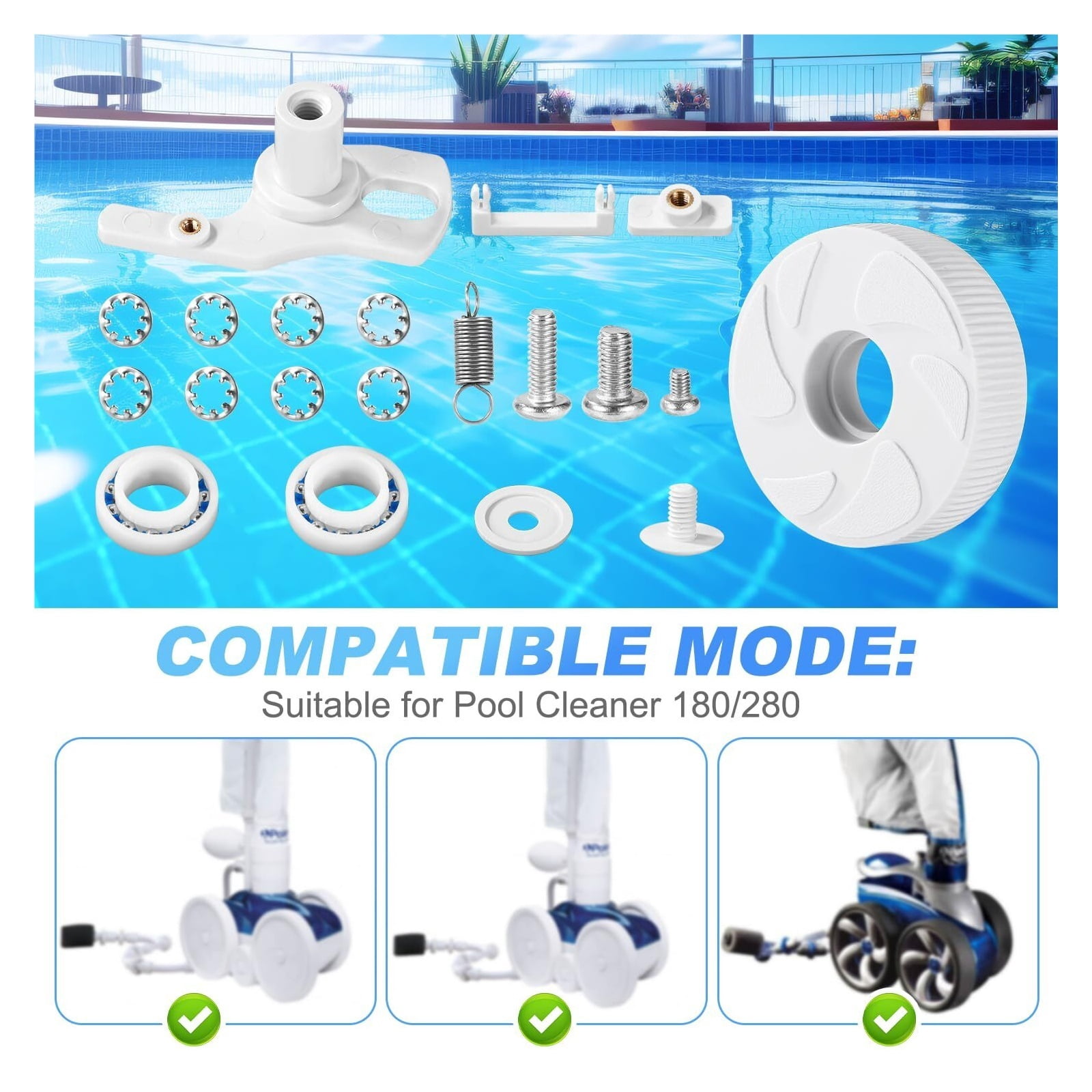 CAURHQSX Pool Cleaner Idler Wheel Replacement Kit Part for Polaris 280 180, ABS Metal White Ball Bearing with Tire C16 C36 Swing Shaft Components C36 Wheel Washer Swing Axis