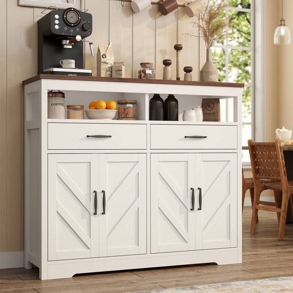 Buffet Sideboard with Storage Farmhouse with 4 Doors, 47'' Large Kitchen Storage Cabinet Wood Coffee Bar Cabinet Buffet Table with Shelves for Kitchen, Dining Room, Entryway, White