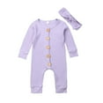 thumbnail image 1 of Baby Solid Romper Knitted Rib Long Sleeve Trousers Button Jumpsuit Headband, 1 of 8