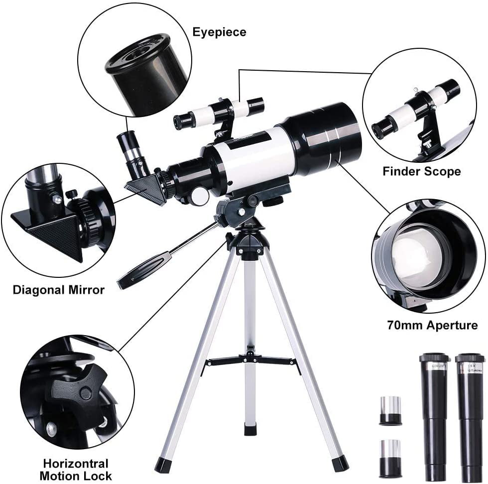 Tripod& Finder Scope Portable Travel Telescope with Smartphone Adapter Telescope 70mm Aperture 300mm AZ Mount Astronomical Refracting Telescope for Kids Beginners 