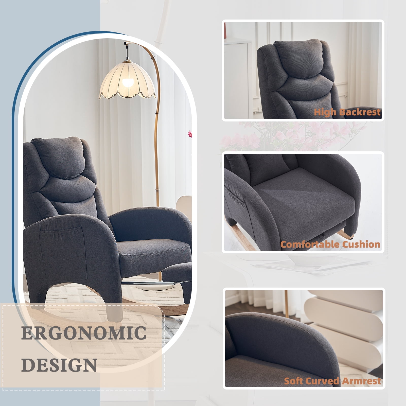 ALAKFORM Rocking Chair Nursery with Foot Rest,Cotton Linen Glider Rocker with Wood Legs, Nursing Rocking Chair Indoor for Living Room/Nursery,Dark Gray