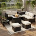 thumbnail image 5 of Resenkos 9-Piece Outdoor PE Wicker Patio Furniture Set with 50,000 BTU Propane Fire Pit Table, Tempered Glass Coffee Table & Storage Ottoman – Off-White Cushions, 5 of 6