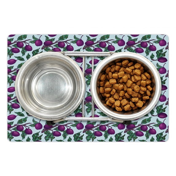 Vegan Pet Mat for Food and Water, Pattern of Plum Branches with Ripe Juicy Fruits Nutritious Diet, Non-Slip Rubber Mat for Dogs and Cats, 18" X 12", by Ambesonne