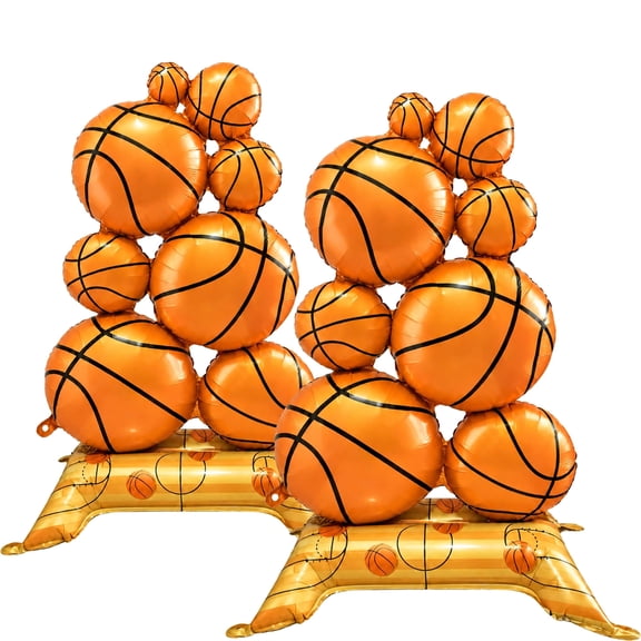 2 pack Orange Giant Self-Standing Basketball Foil Balloons, 3.5 ft Sports Party Decorations with Court Base for Birthday, 2 Count