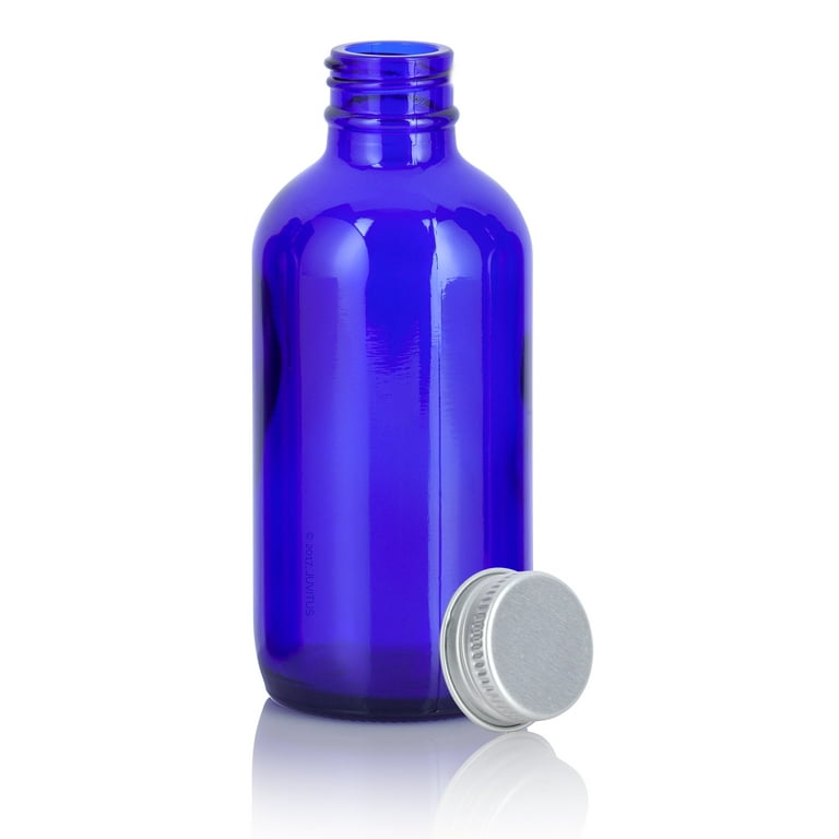 Cobalt Blue Glass Boston Round Bottle with Silver Metal Screw On