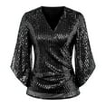 thumbnail image 2 of ZHENHONG V Neck Shirts for Women Long Sleeve, Womens Sequin Tops 3/4 Sleeve Glitter Sparkly Blouse V Neck Tops For Evening Going Out Tops, 2 of 4