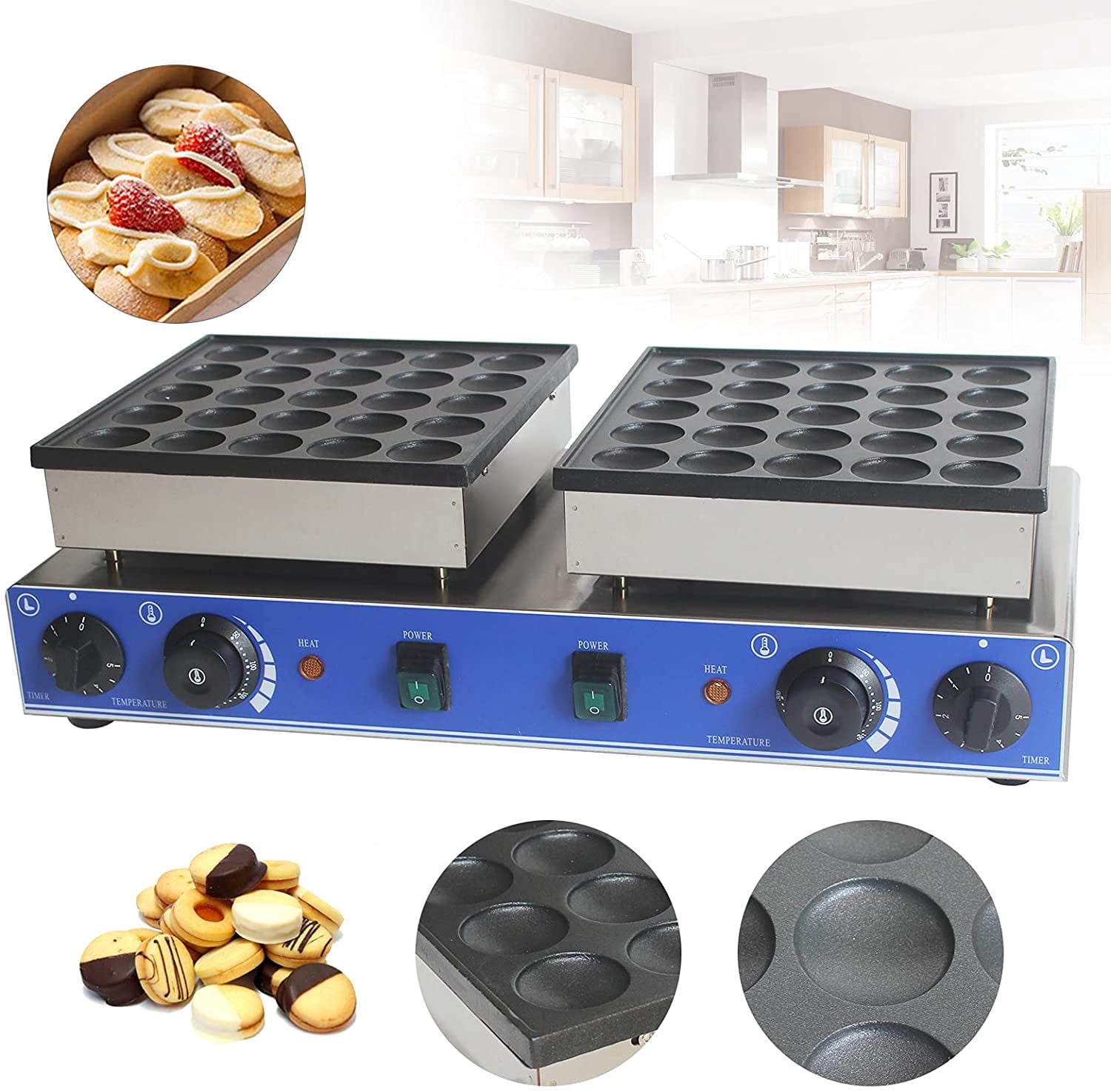 FETCOI Commercial Waffle Maker Machine 50 Holes Mini Dutch Pancakes Maker Stainless Steel Electric Waffle Machine 1600W with 2Pcs Non-stick Pan