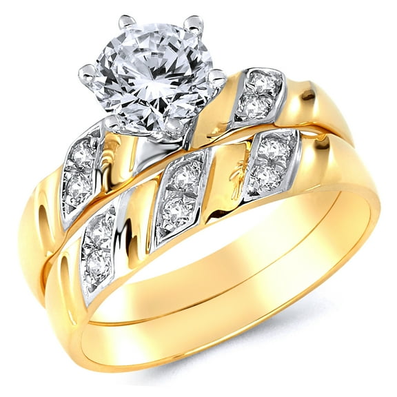 Wellingsale Ladies Solid 14k Two 2 Tone White and Yellow Gold Polished CZ Cubic Zirconia Round Cut Engagement Ring with Side Stones and Wedding Band Bridal Set - Size 4