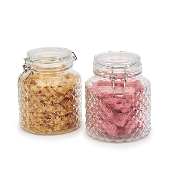 Mason Craft & More Set of 2 Airtight Medium Facet Design Glass Clamp Jars with Lid, Clear Mason Jar Storage Canisters, 1.5 Liter (52oz)