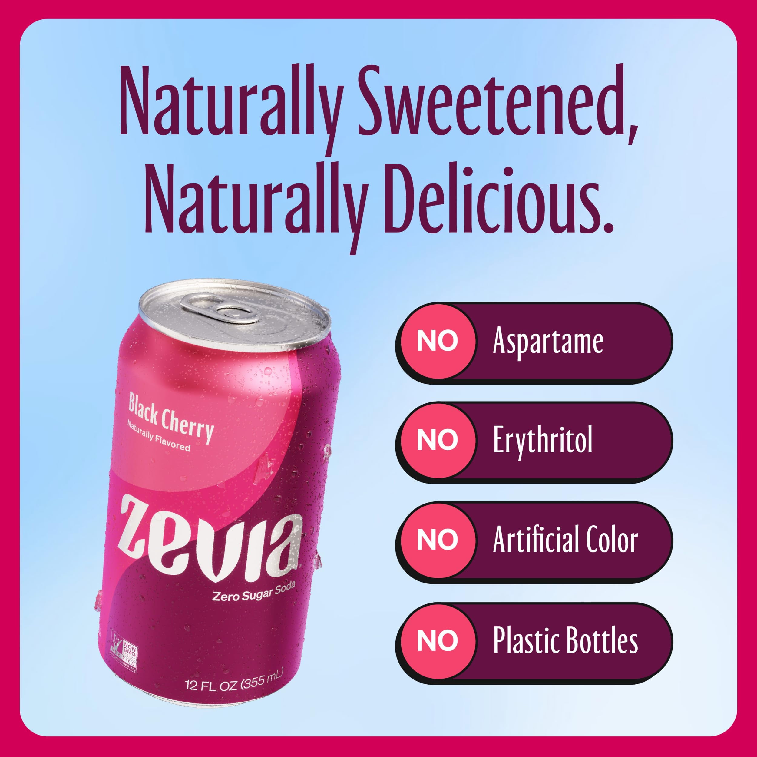 Zevia Zero Sugar, 0 Calorie Black Cherry Soda Pop, 12 fl oz, 8 Pack Cans (Pack of 2)