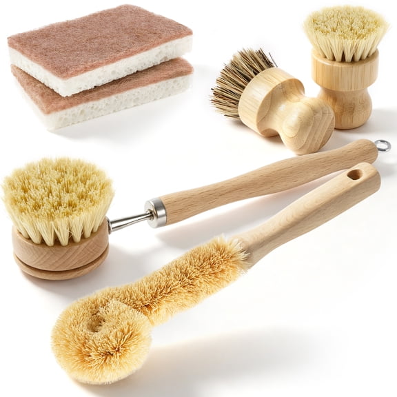 6-Piece Bamboo Dish Brush Set with Bottle Brush, Natural Kitchen Scrub Brushes with Sponges for Pots, Pans, Cast Iron