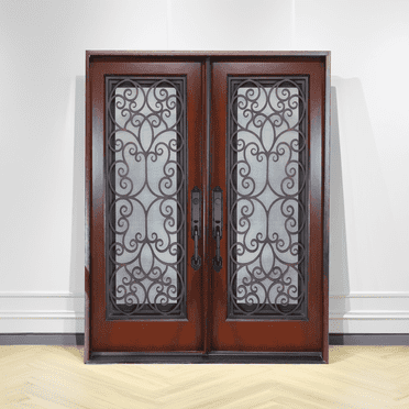 60" x 80" Environment Damage Resistant Polyurethane Composite Exterior Entry House Front Door, Openable Tempered Rain Glass Window, Right-Hand Double Door Inward Swing Dark Walnut FR06