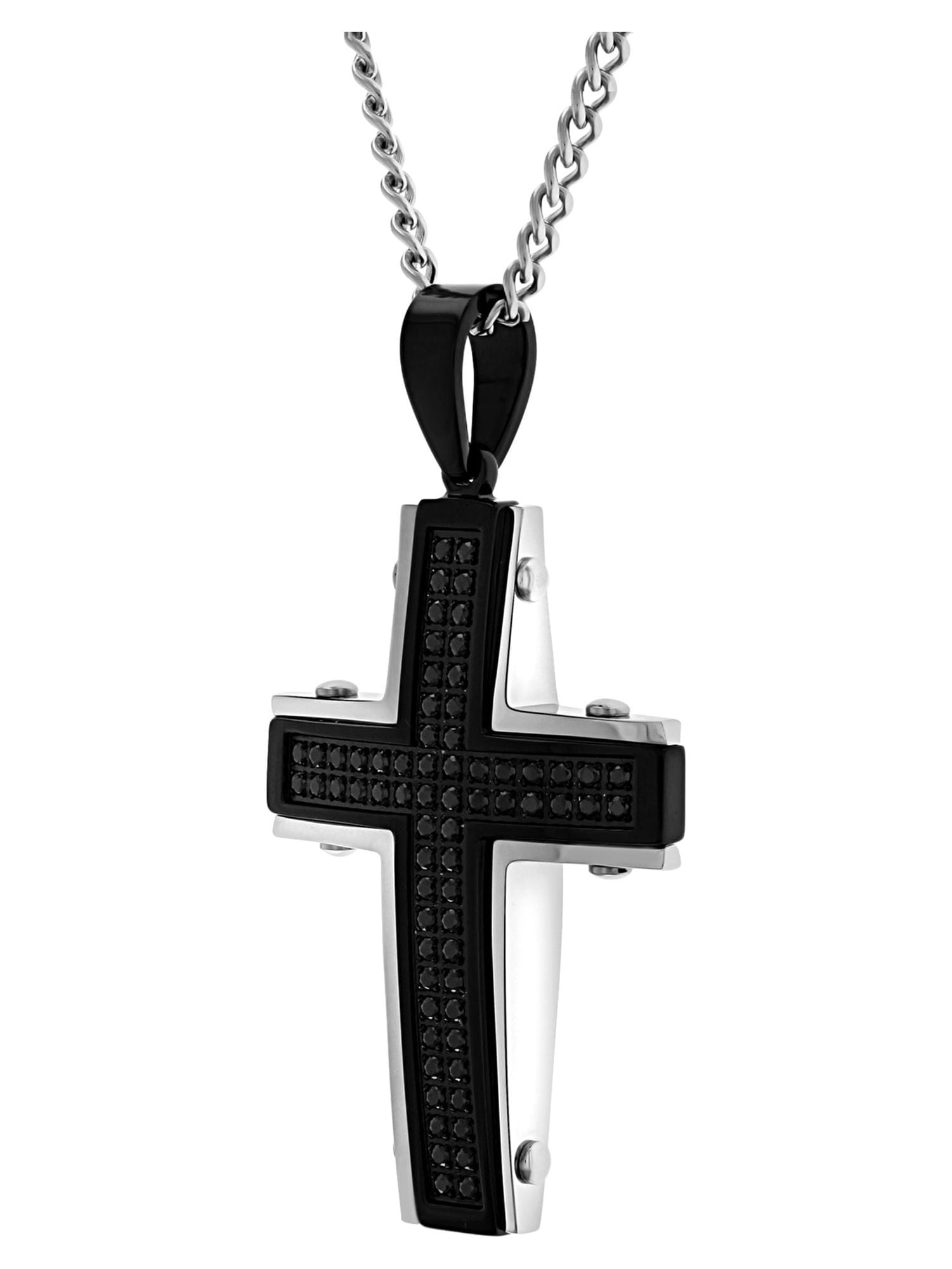 Men’s Two-Tone Black CZ Stainless Steel Rivet Cross Pendant – 24 Inches