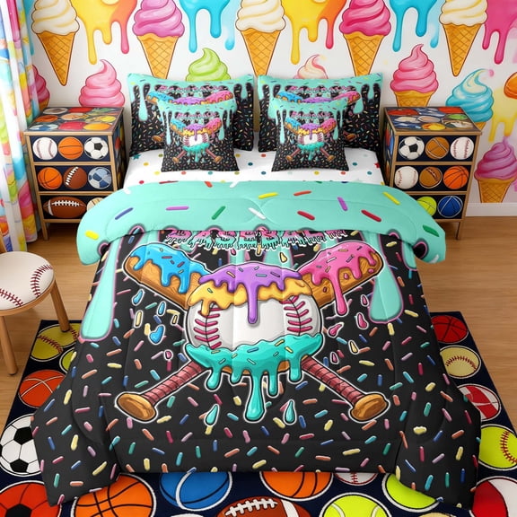 Erosebridal Colorful Drippy Baseball Bat Print Twin Bedding Sets, Sweet Sports Bedding Comforter Set for Kids Boys and Girls, Polka Dots Reversible 7pcs