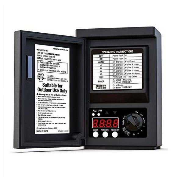 GOODSMANN Transformateur Basse Tension 120W pour Éclairage Extérieur avec Capteur Photo et Minuterie 120V AC à 12V AC 9920-9120-01