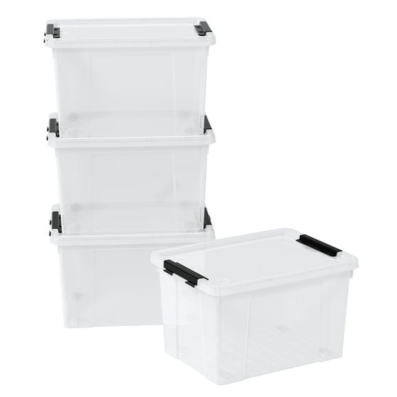 DynkoNA 34 Quart Clear Latch Storage Box, Plastic Lidded Storage Box with Wheels, 4 Packs